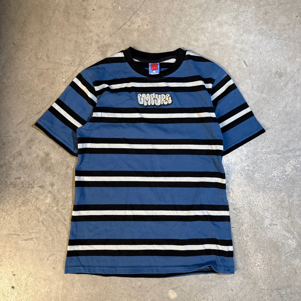 Empyre Mens Blue Black White Striped Embroidered Logo T-Shirt Size M